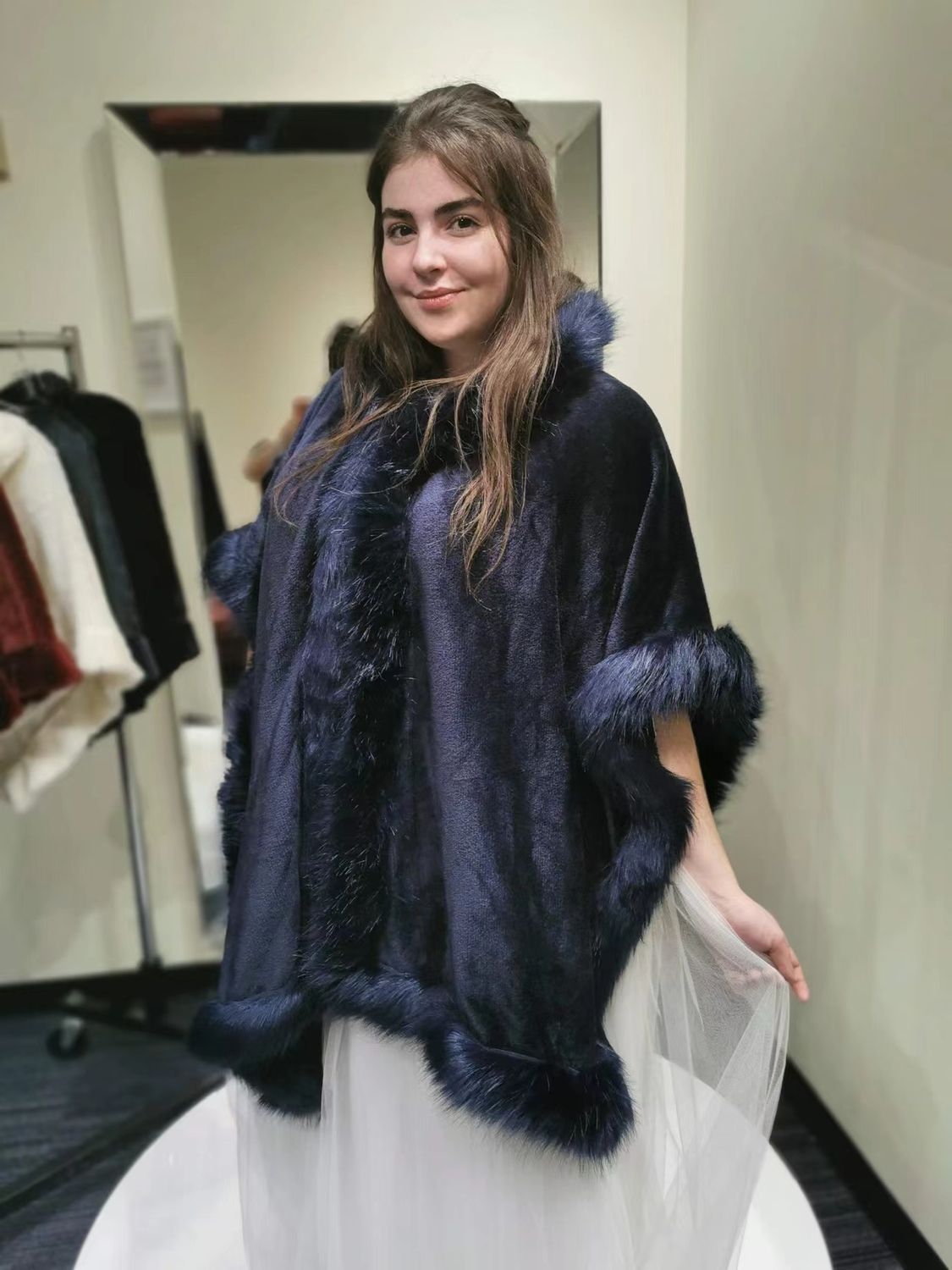 Navy Faux Fur Hooded Cape