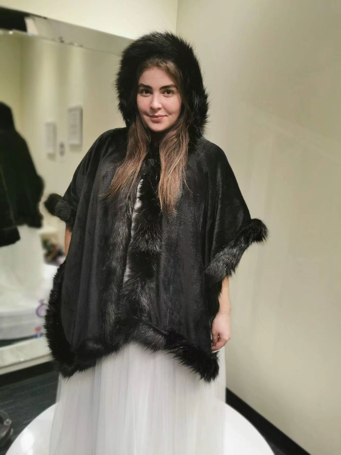 Black Faux Fur Hooded Cape