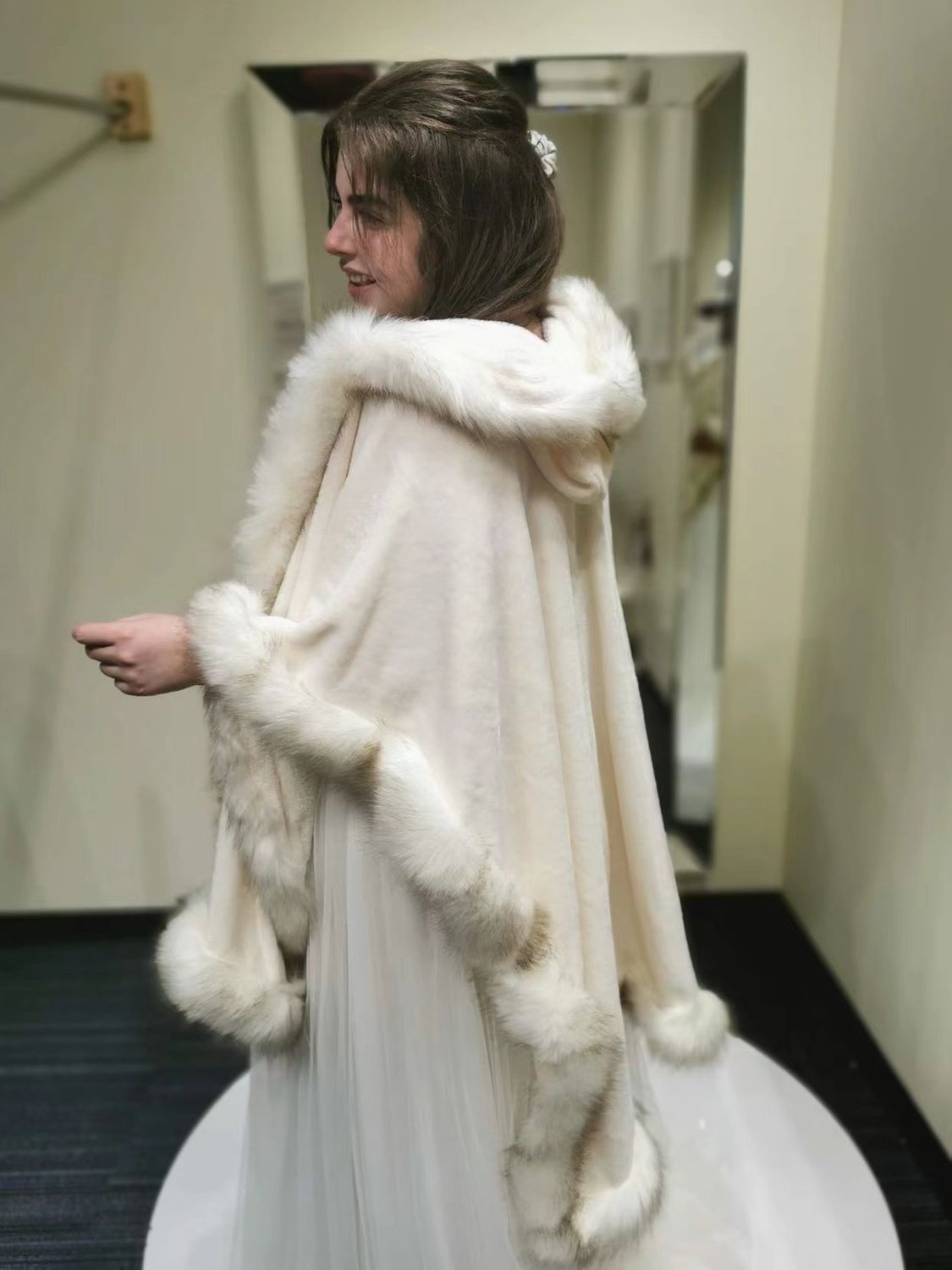 Ivory Faux Fur Hooded Cape