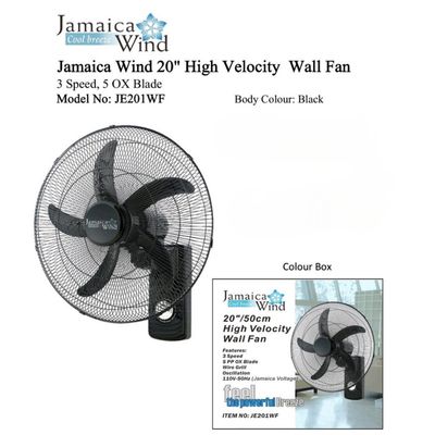 JE201WF JAMAICA WIND 20&quot; HIGH VELOCITY 3 SPEED, 5 OX BLADE WALL FAN