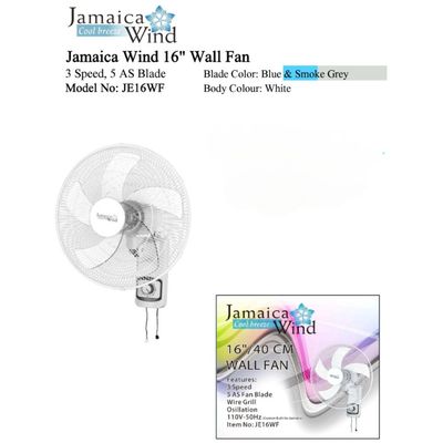 JE16WF JAMAICA WIND 16&quot;3 SPEED, 5 AS BLADE WALL FAN