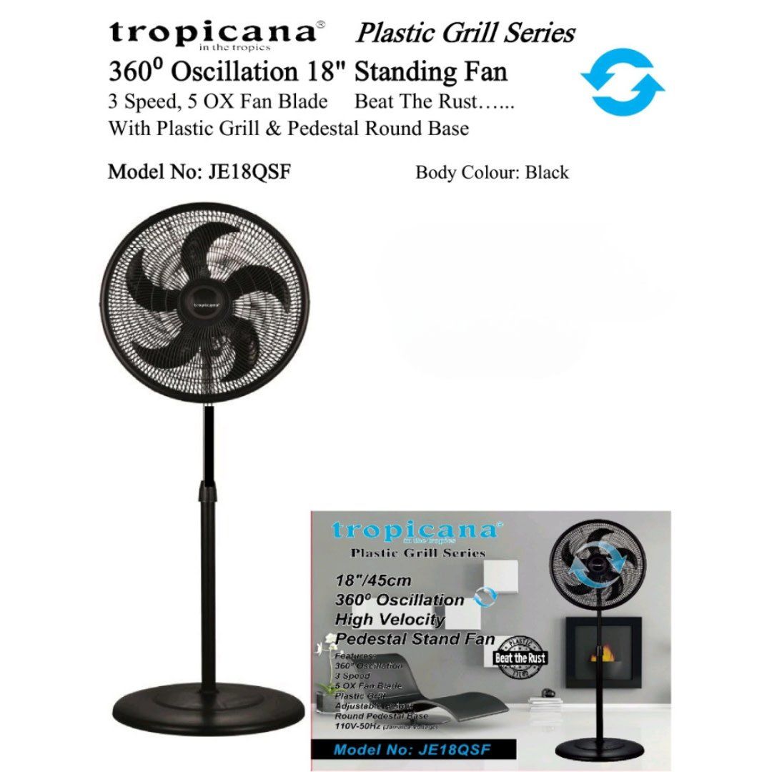 JE18QSF TROPICANA 18&quot; 3 SPEED OSCILLATING STANDING FAN WITH PLASTIC GRILL &amp; PEDESTAL ROUND BASE