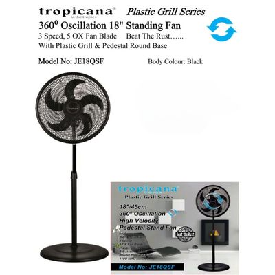 JE18QSF TROPICANA 18&quot; 3 SPEED OSCILLATING STANDING FAN WITH PLASTIC GRILL &amp; PEDESTAL ROUND BASE