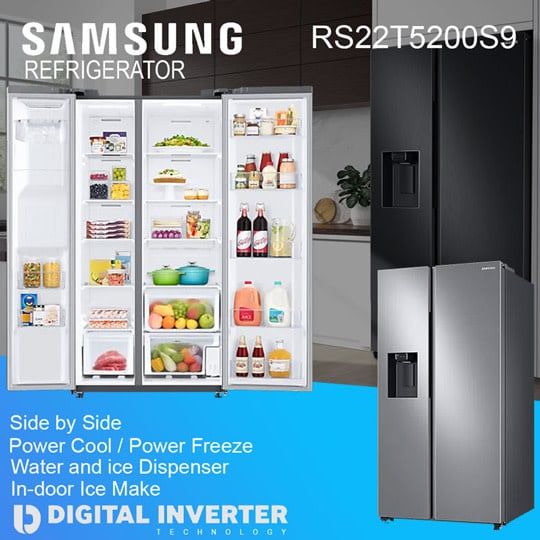 RS22T5200S9 SAMSUNG 22 CB INVERTER REFRIGERATOR / ICEMAKER / INOX STEEL