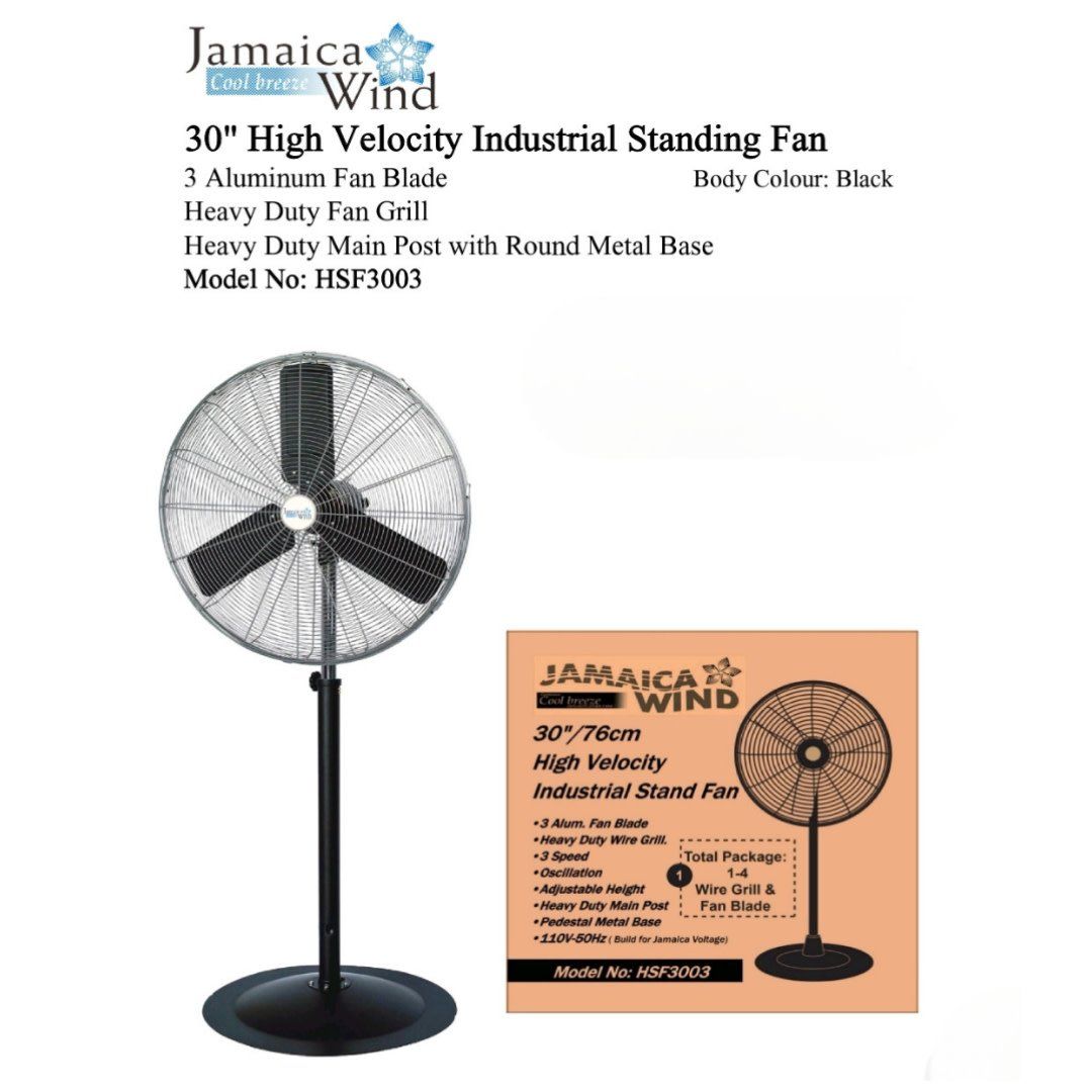 HSF3003 30&quot; HIGH VELOCITY INDUSTRIAL STANDING FAN 3 ALUMINIUM BLADE HEAVY DUTY FAN GRILL