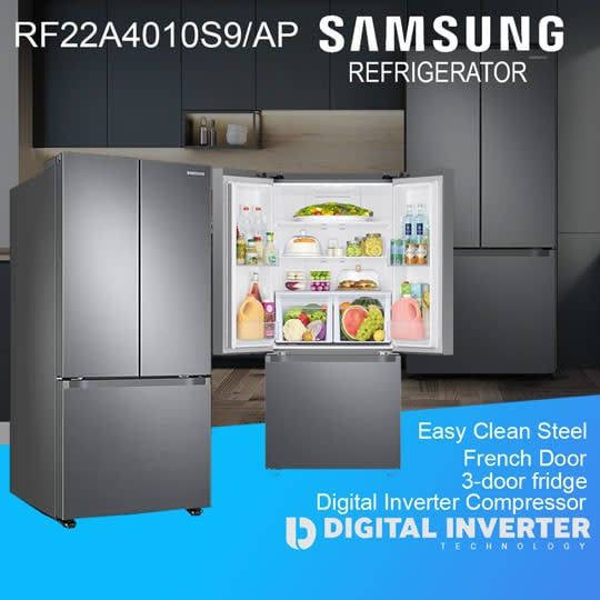 RF22A4010S9-AP SAMSUNG 22 CB INVERTER FRIDGE / 3 DOOR FRENCH / INOX STEEL
