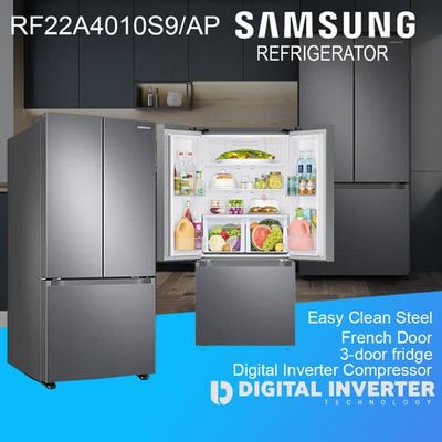 RF22A4010S9-AP SAMSUNG 22 CB INVERTER FRIDGE / 3 DOOR FRENCH / INOX STEEL