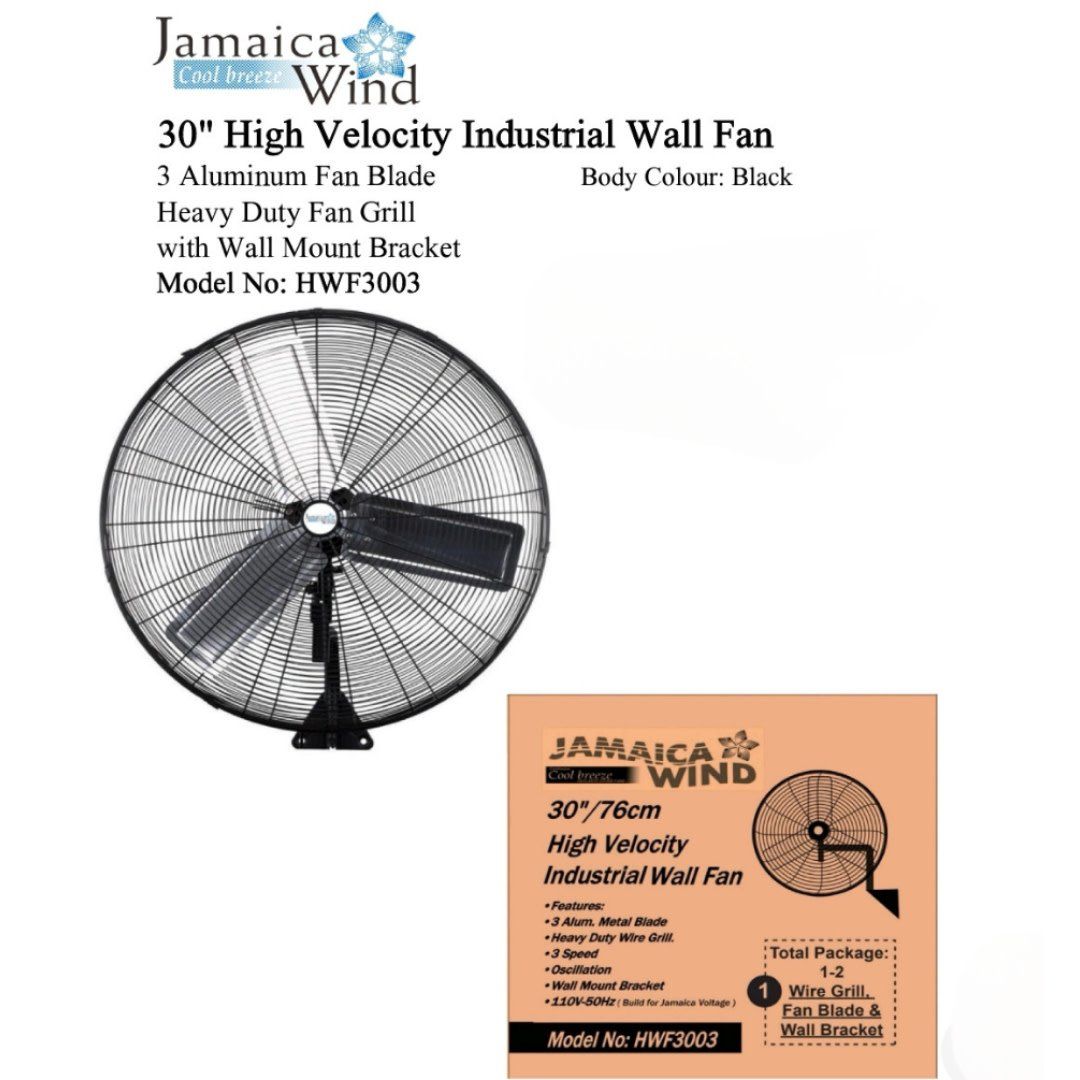HWF3003 30&quot; HIGH VELOCITY INDUSTRIAL 3 ALUMINIUM FAN BLADE WALL FAN  WITH WALL MOUNT BRACKET
