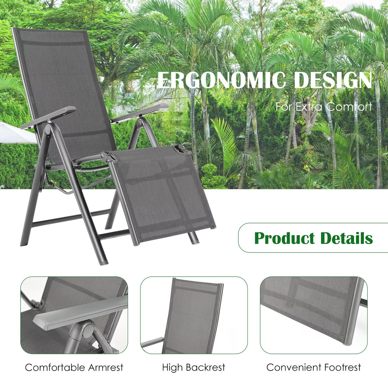 XJ1250 GREY  CHAIR Patiojoy  Outdoor Foldable Reclining Chair w/Adjustable Backrest &amp; Footrest