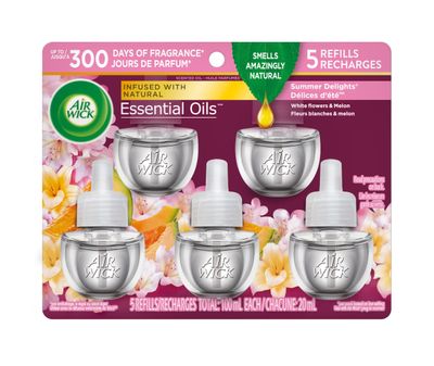 AIR WICK ESSENTIAL OILS 5 REFILLS RECHARGES WHITE FLOWERS &amp; MELON SUMMER DELIGHTS