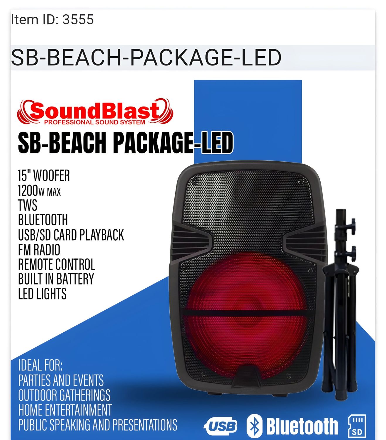 SB-BEACH PACKAGE-LED SOUND BLAST SPEAKER - RECHARGABLE 8 HOUR BATTERY