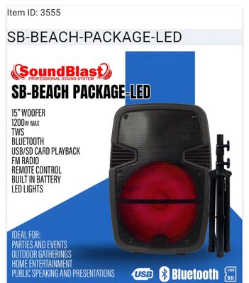 SB-BEACH PACKAGE-LED SOUND BLAST SPEAKER - RECHARGABLE 8 HOUR BATTERY