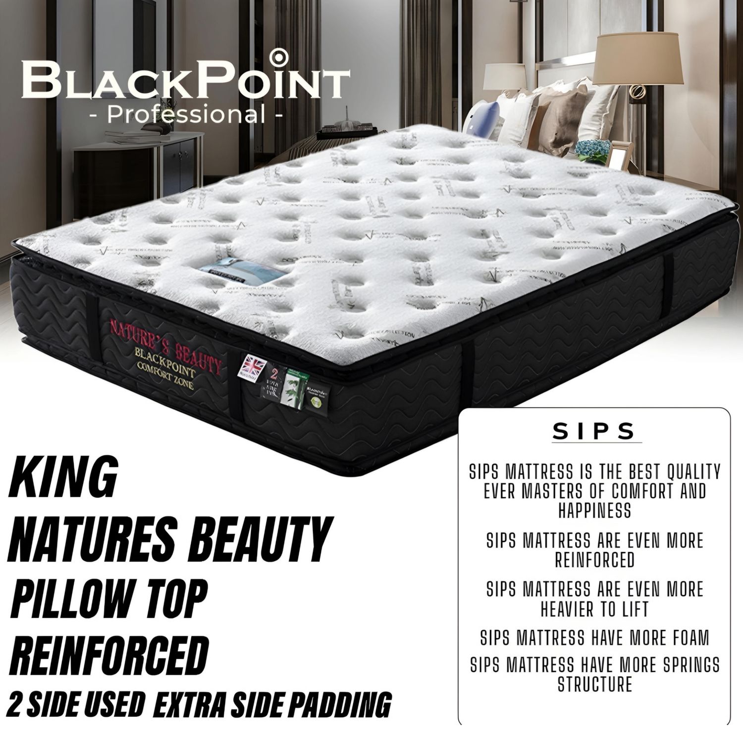 BP-KING-NATURES BEAUTY-REENFORCED -- SIPS -BLACKPOINT - KING -  ORGANIC PADDED + CORNER MATTRESS