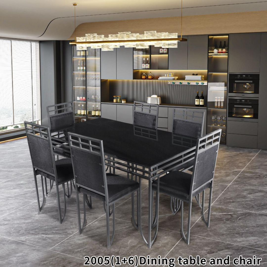 BSK 6 CHAIR GLASS TOP DINING TABLE , BS06 BLACK