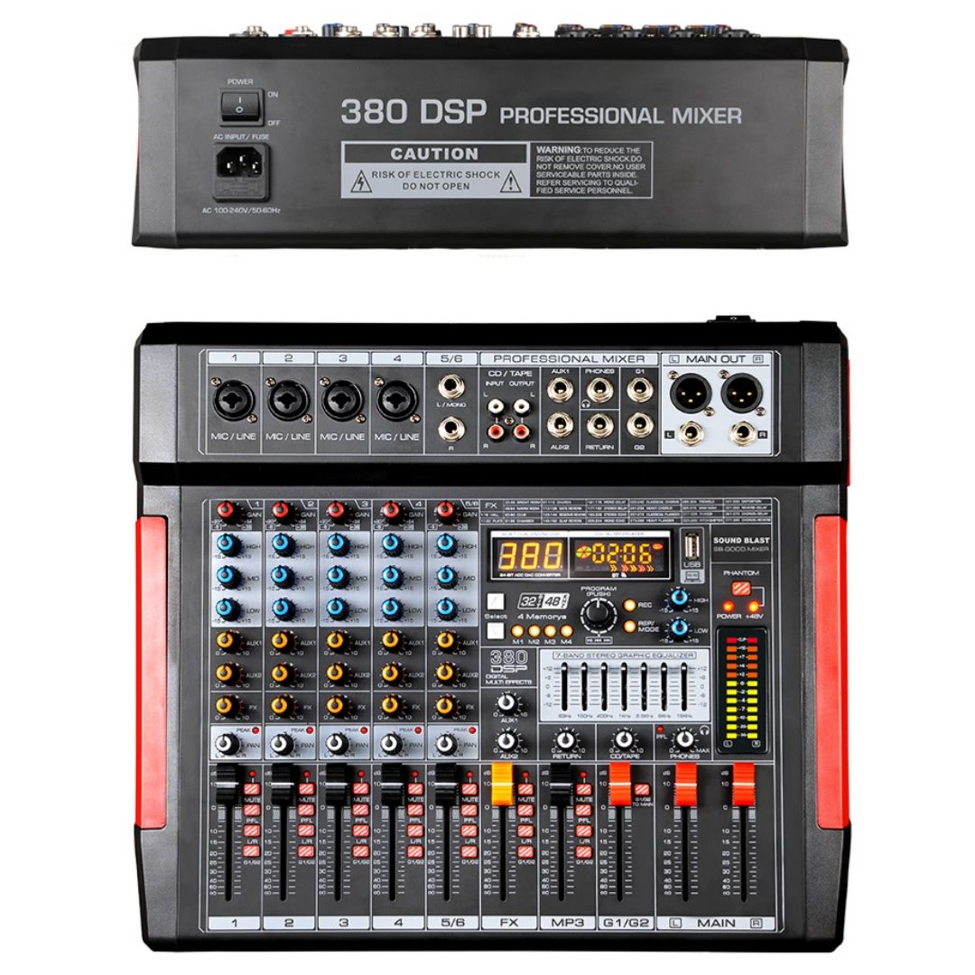 SB-GOOD MIXER 6-CHANNEL 100-240V AC-20W 380 DSP EFFECTS 4 MEMORIES