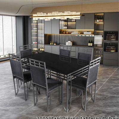 BSK 6 CHAIR GLASS TOP DINING TABLE , BS06 BLACK
