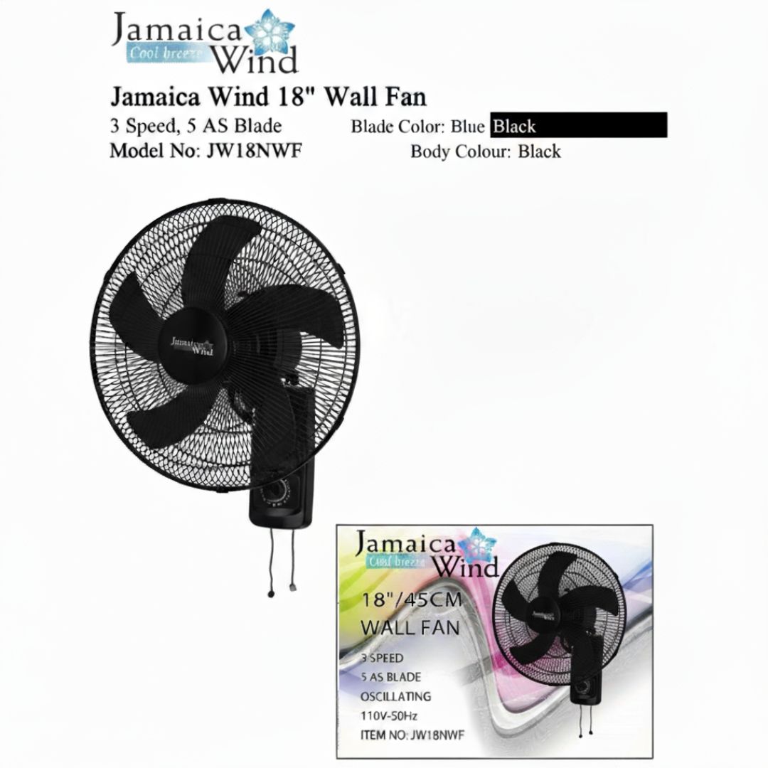 JW18NWF JAMAICA WIND 18&quot; 3 SPEED, 5 AS BLADE WALL FAN