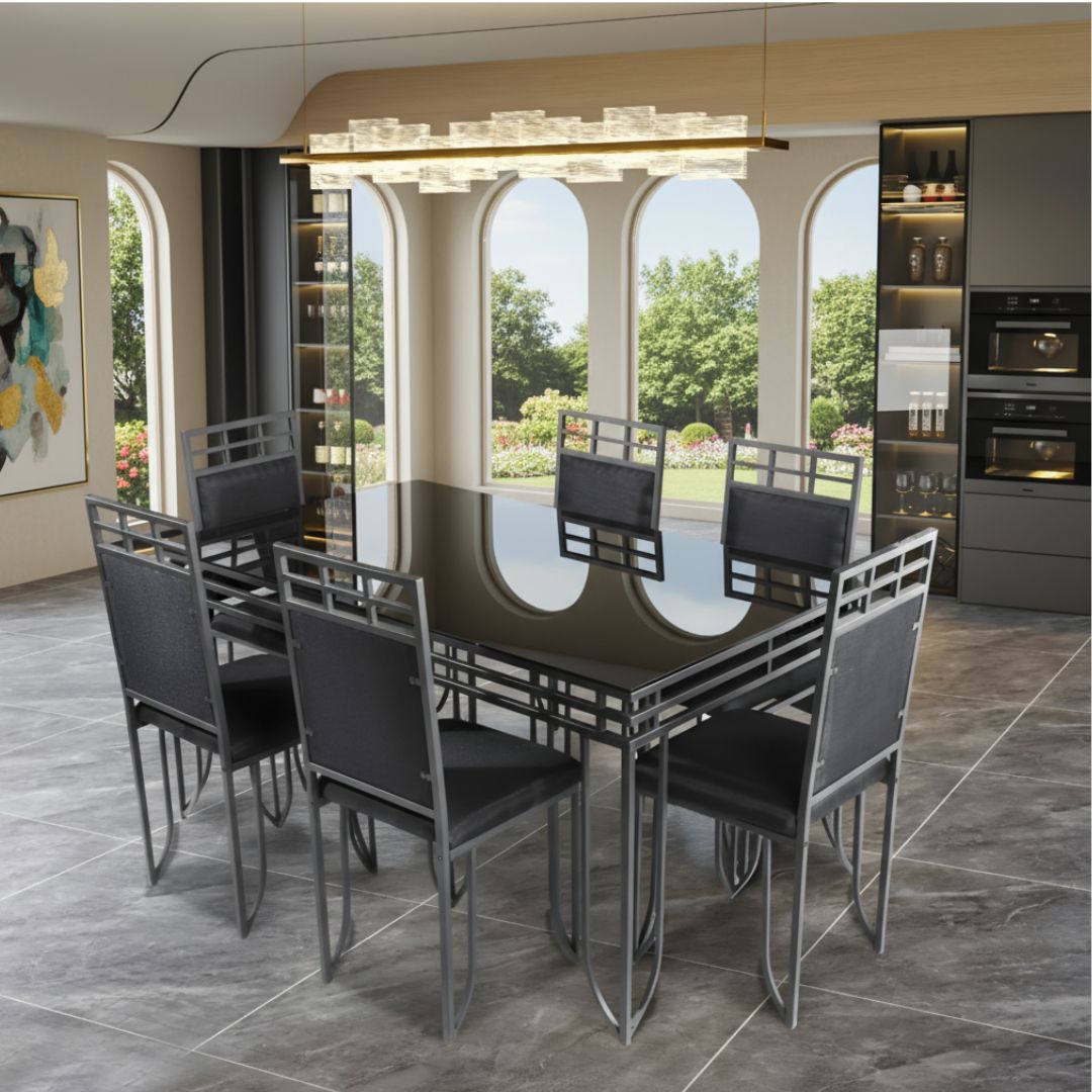 BSK 6 CHAIR GLASS TOP DINING TABLE , BS06 BLACK