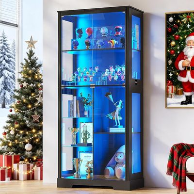 Lvifur 71” Display Cabinet with Glass Doors, Modern Curio Cabinet with 3 Color Lights, 7-Tiers Glass Display Cases for Collectibles