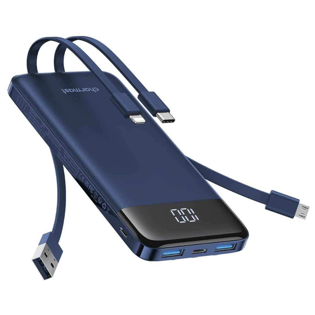 charmast Portable Charger with Built in Cables, 10000mAh Slim Power Bank, 15W USB C in&amp;Out Port High Speed Charging External Charger