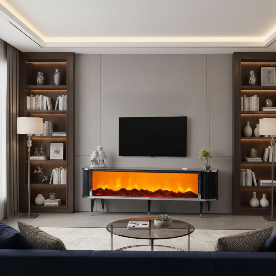 Tv Table With Fireplace(long Fire)  * Model - CEYLAN * With Bluetooth Speaker  Color - Black and white