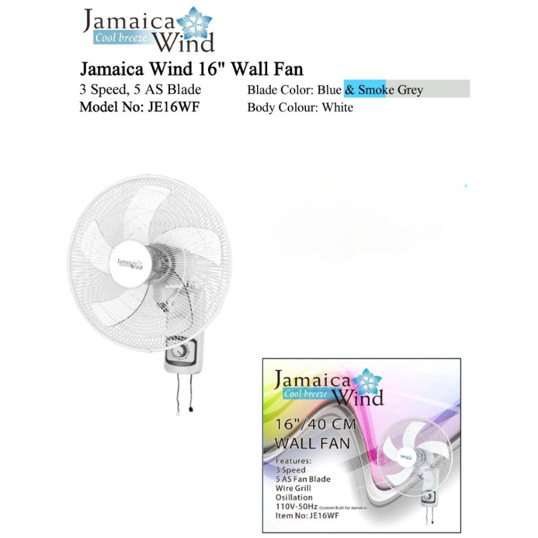 JE16WF JAMAICA WIND 16"3 SPEED, 5 AS BLADE WALL FAN