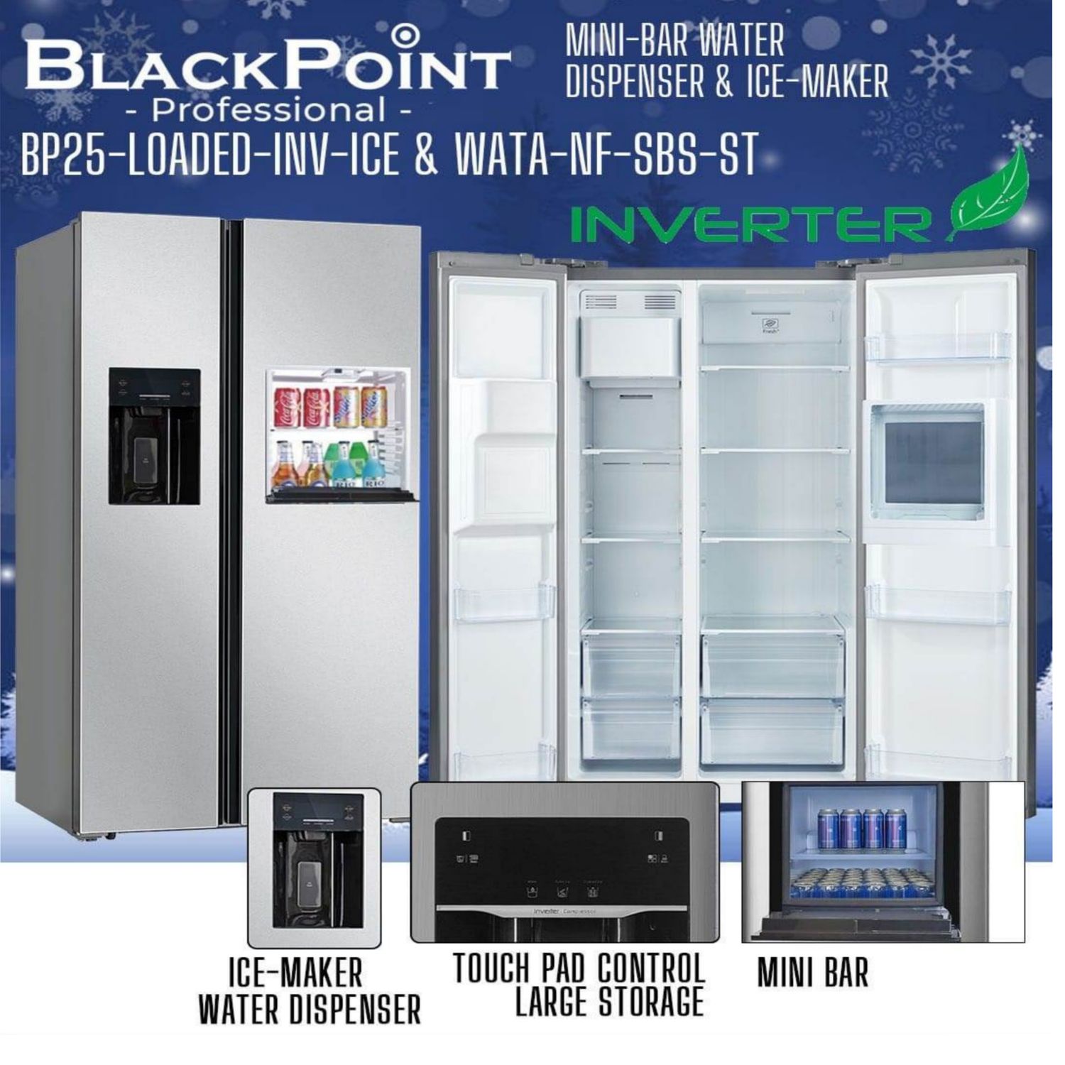 BP25-LOADED-INV-ICE &amp; WATA-NF-SBS--ST BLACKPOINT ICE MAKER &amp; MINI BAR &amp; INVERTER