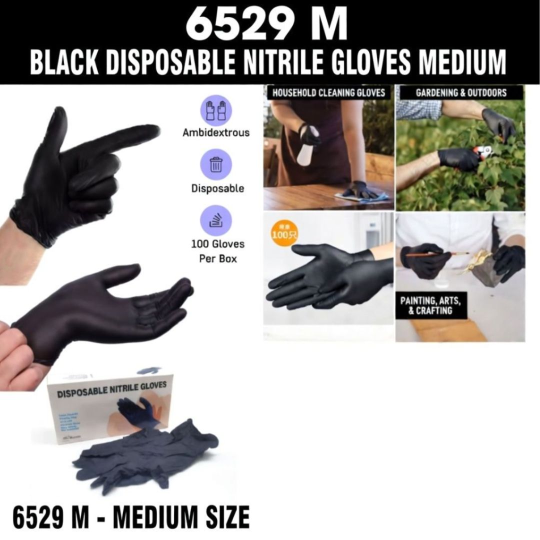 6529 M  BLACK DISPOSABLE NITRILE GLOVES MEDIUM