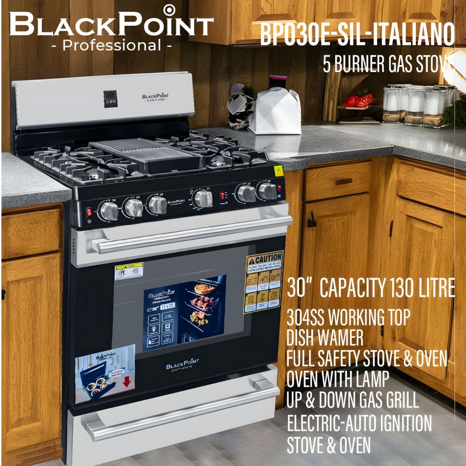 BP030E-SIL ITALIANO BLACKPOINT 30" 5 BURNER GAS STOVE