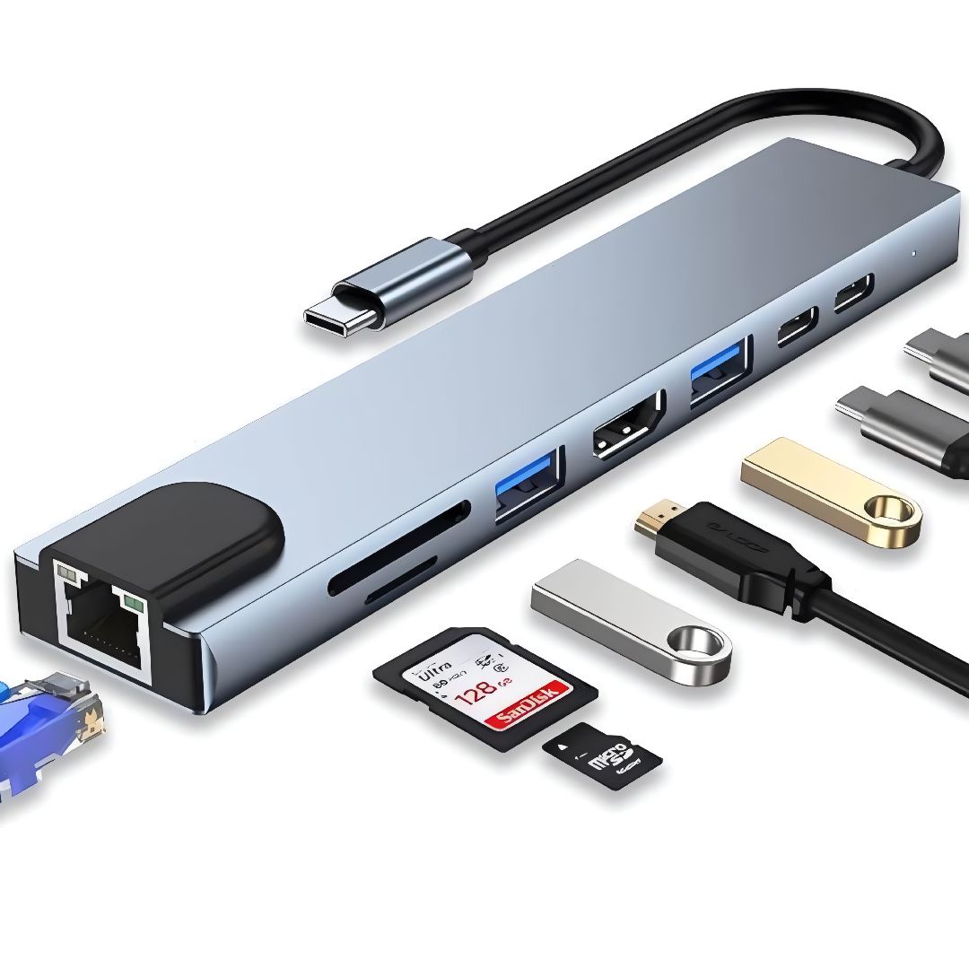 AIRSKY USB C HUB, 8 in 1 USB C Adapter with 4K HDMI, 100W PD, USB C Port, USB 3.0, RJ45 Ethernet, SD/TF Card Reader,