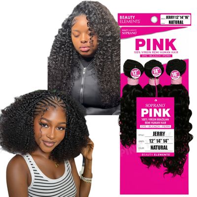 BEAUTY ELEMENTS SOPRANO PINK JERRY HUMAN HAIR 12" 14" 16" #NATURAL