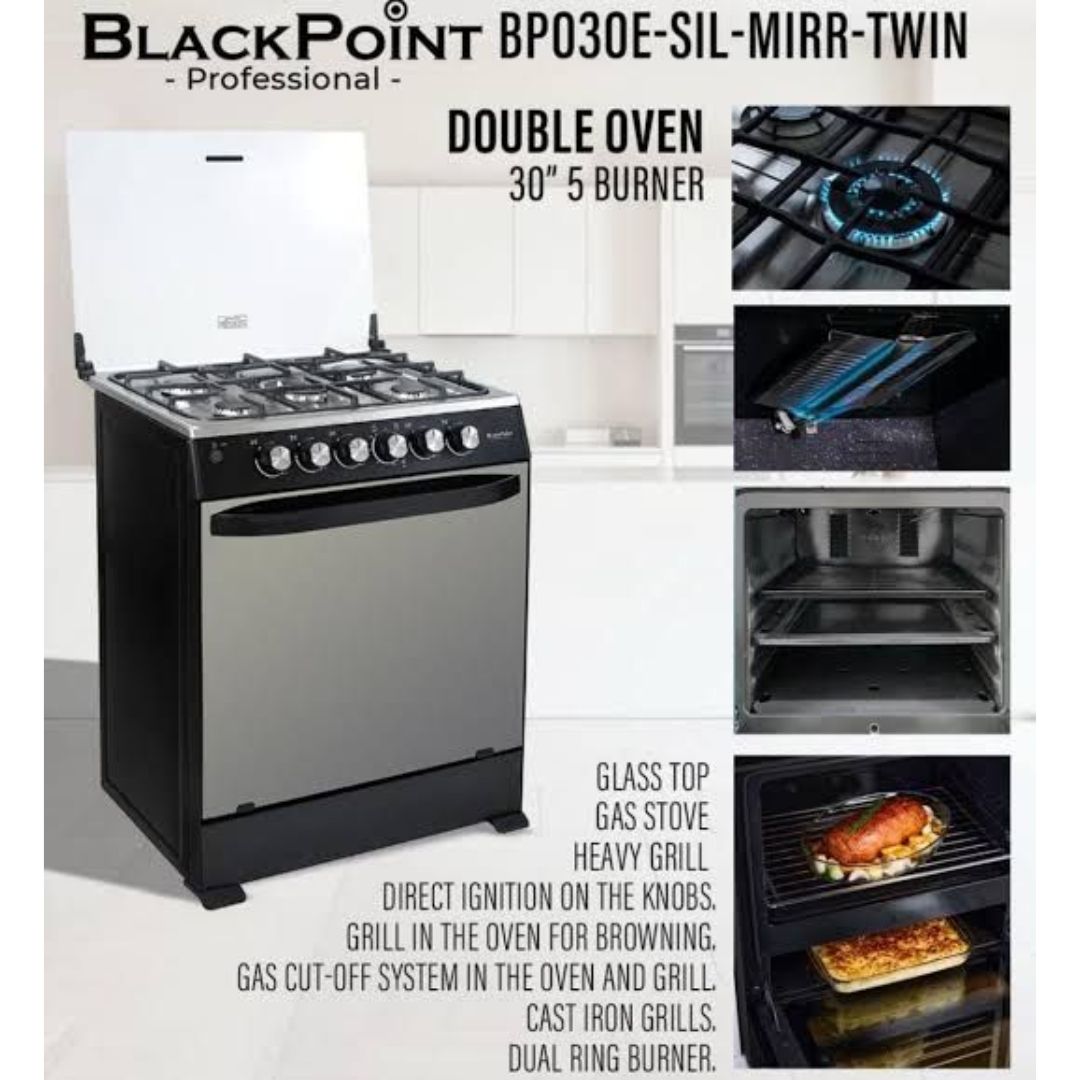 BP030E-SIL-MIRR-TWIN OVEN - 2026 BLACKPOINT STOVE--5 BUR 30""-- SILVER LUXUARY
