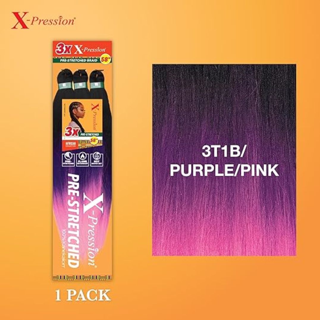 3X X-PRESSION PRE-STRETCHED 58" HAIR #3T1B/PURPLE/PINK