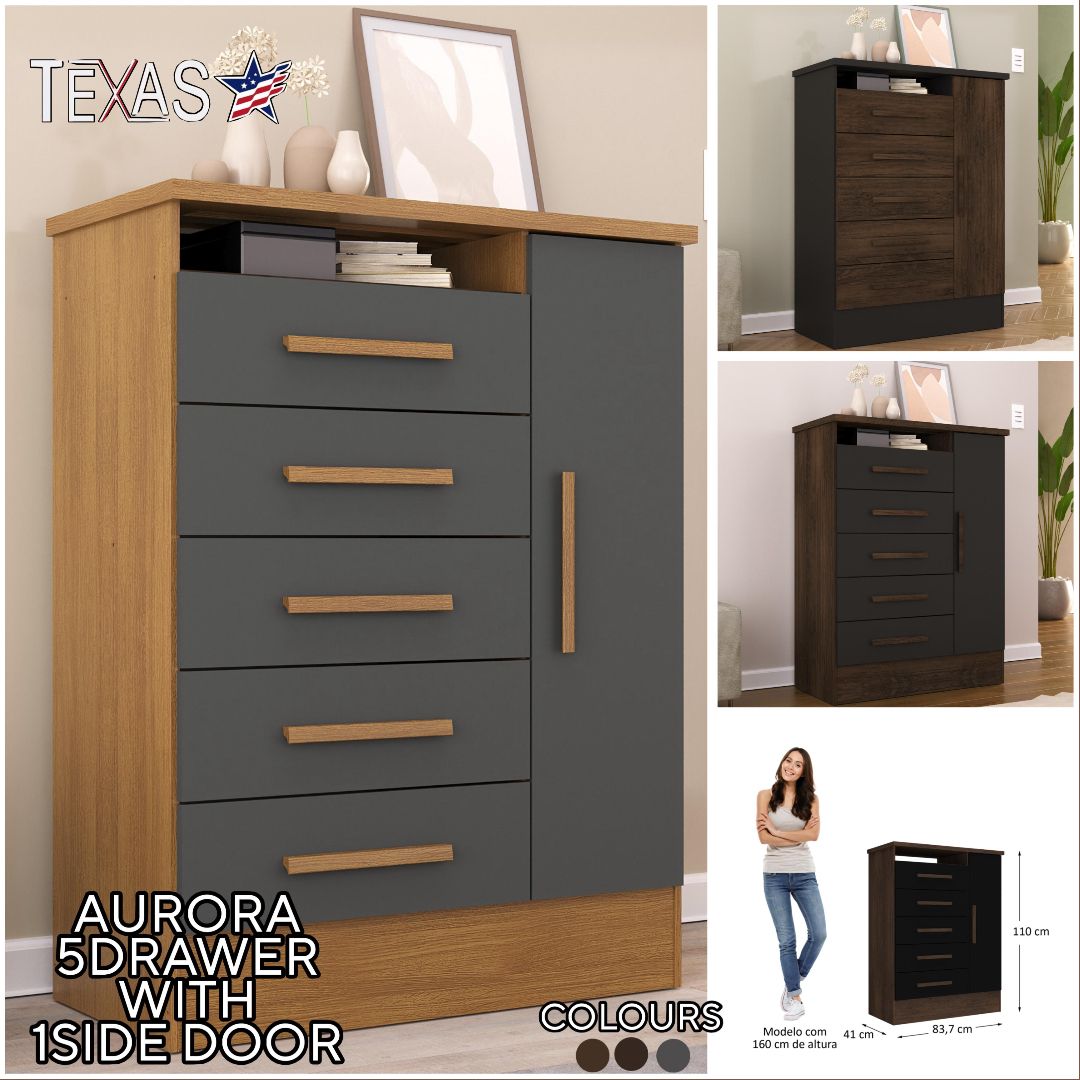 Aurora chest of drawer  Series - Aurora 5 Sliding Drawer + 1door+book shelf