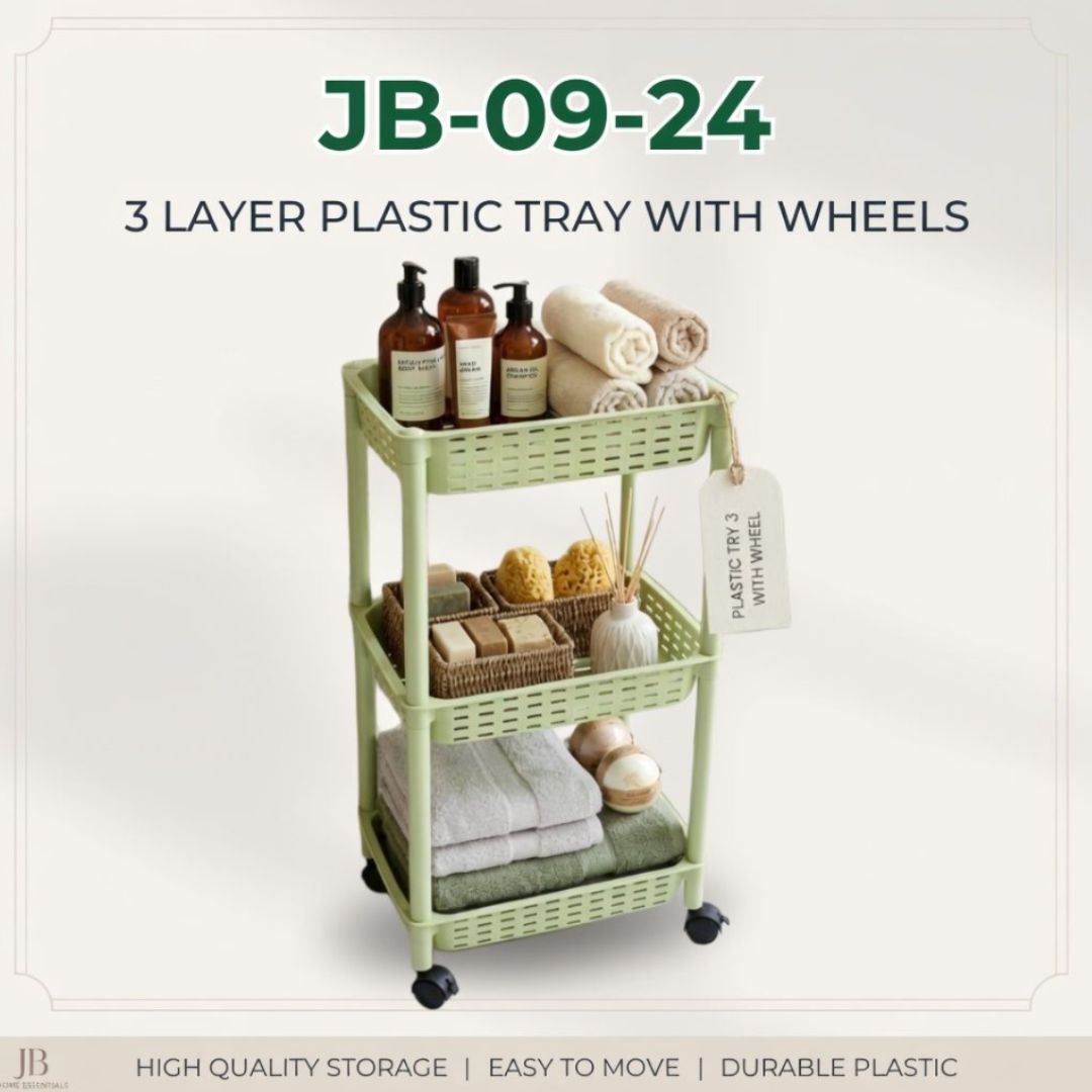 JB-09-24 3 LAYER PLASTIC TRAY WITH WHEELS