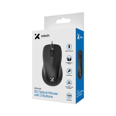 XTM-206 	Xtech - XTM-206 - Mouse - USB - Wired - Black - Ambidextrous 3Button 1200 dpi