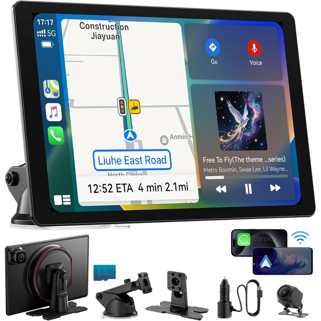 11" Extra Large Wireless Apple CarPlay Screen for Car – Ultra-Slim 0.16 Inch Touchscreen Car Stereo with Android Auto, 4K Dash Cam, 1080p Backup Camera, GPS, Mirror Link, Voice Control