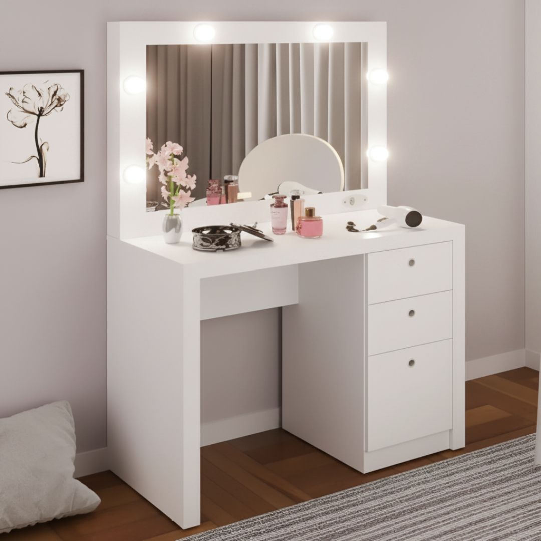 PE-2010-0001 DRESSING TABLE W/3 DRAWERS AND LED MIRROR (WHITE)