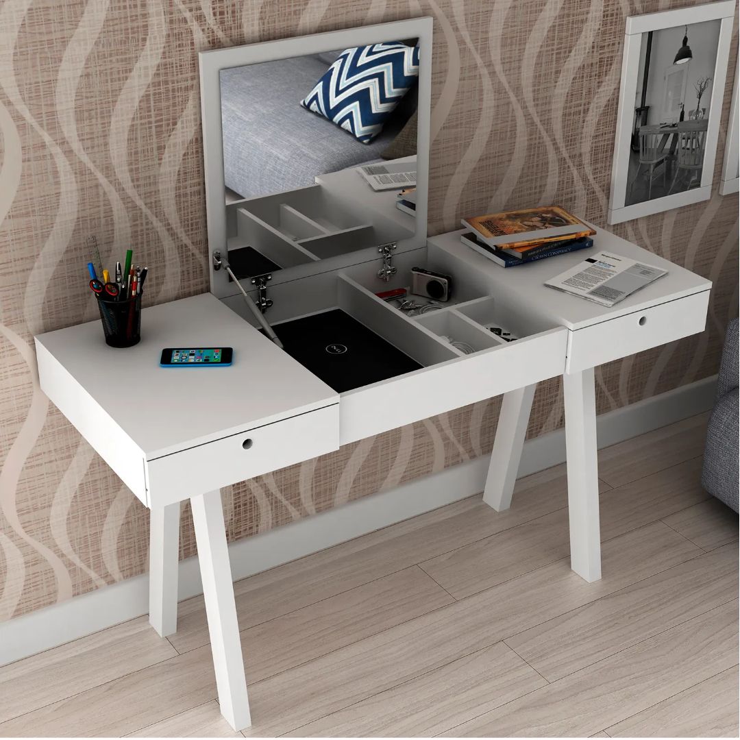PE-2002-0001 DRESSING TABLE W/2 DRAWERS AND PULL UP MIRROR (WHITE)