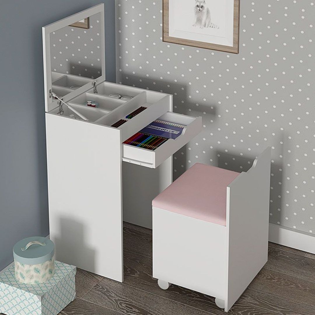 PE-2007-0001 DRESSING TABLE W/ SEAT DRAWERS AND PULL UP MIRROR (WHITE/FABRIC)