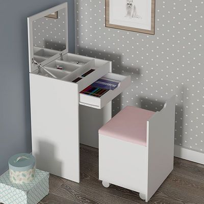 PE-2007-0001 DRESSING TABLE W/ SEAT DRAWERS AND PULL UP MIRROR (WHITE/FABRIC)
