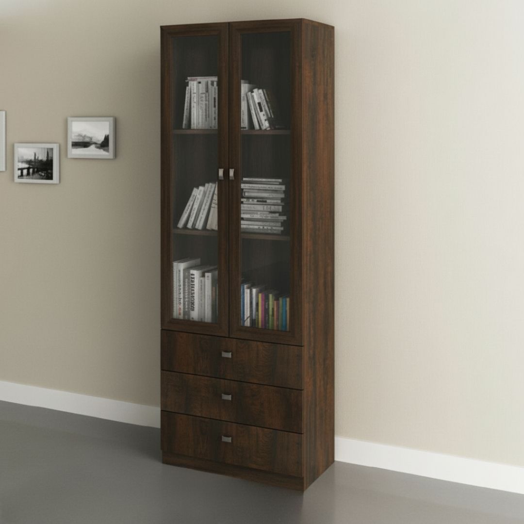 ME-4114-0013 OFFICE CABINET W/2 GLASS DOORS &amp; 3 DRAWERS RUSTIC