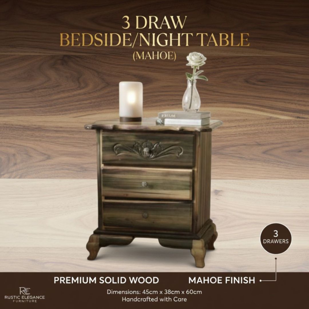 3 DRAW BEDSIDE/NIGHT TABLE (MAHOE)