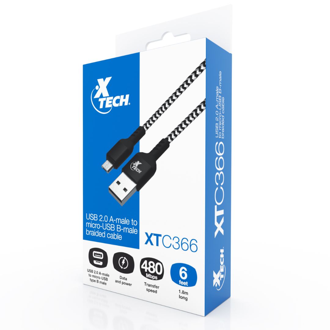 Xtech - USB cable - 4 pin USB Type A - 5 pin Micro-USB Type B - 1.8 m - Black &amp; white - Braided XTC-366