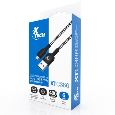Xtech - USB cable - 4 pin USB Type A - 5 pin Micro-USB Type B - 1.8 m - Black &amp; white - Braided XTC-366