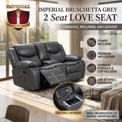 IMP-BRUSCHETTA-2-ST-LEATHER-REC-D-GREY IMPERIAL -- BRUSCHETTA D GREY 2 LOVE SEAT AIR LEATHER + USB + TYPE C + CUP HOLDER &amp; CONSOLE RECLINER