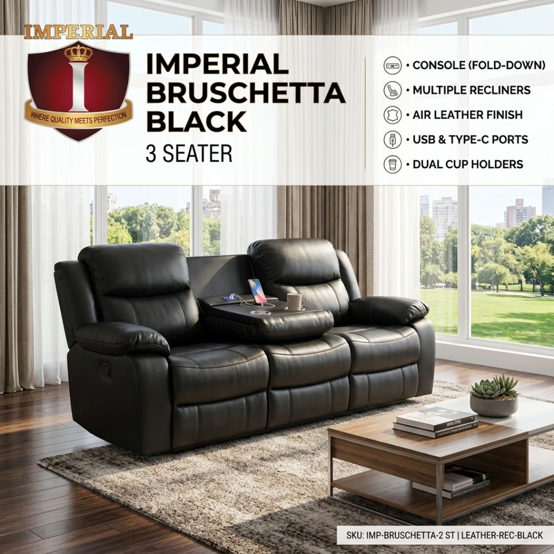 IMP-BRUSCHETTA-3-ST-LEATHER-REC-BLACK IMPERIAL BRUSCHETTA -- BLACK 3 FAMILY SEAT AIR LEATHER + USB + TYPE C + CUP HOLDER &amp; CONSOLE RECLINER