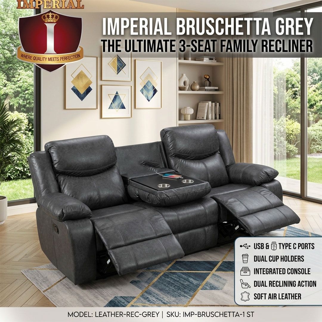 IMP-BRUSCHETTA-3-ST-LEATHER-REC-D-GREY IMPERIAL -- BRUSCHETTA D GREY 3 FAMILY SEAT AIR LEATHER + USB + TYPE C + CUP HOLDER &amp; CONSOLE RECLINER