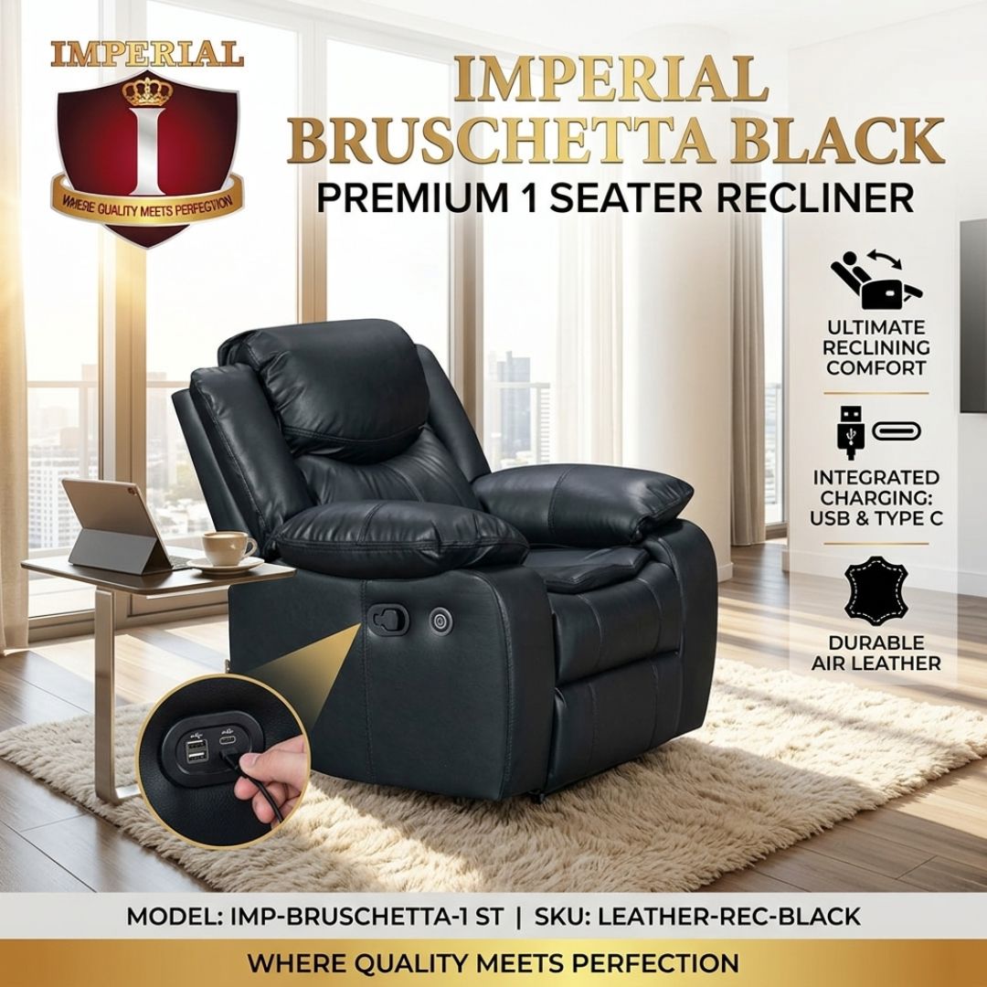 IMP-BRUSCHETTA-1-ST-LEATHER-REC-BLACK IMPERIAL -- BRUSCHETTA -BLACK 1 SEAT AIR LEATHER + USB + TYPE C RECLINER