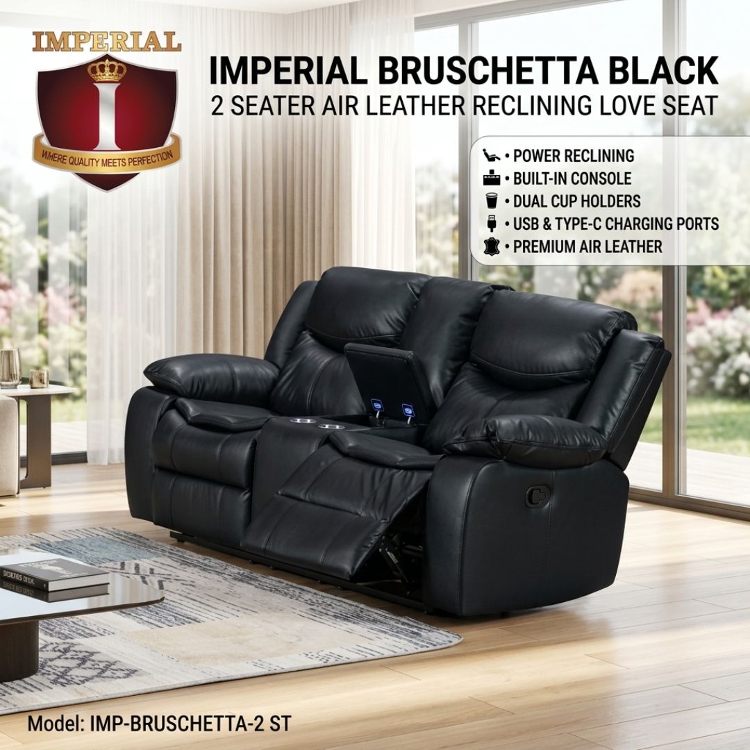 IMP-BRUSCHETTA-2-ST-LEATHER-REC-BLACK IMPERIAL -- BRUSCHETTA BLACK 2 LOVE SEAT AIR LEATHER + USB + TYPE C + CUP HOLDER &amp; CONSOLE RECLINER